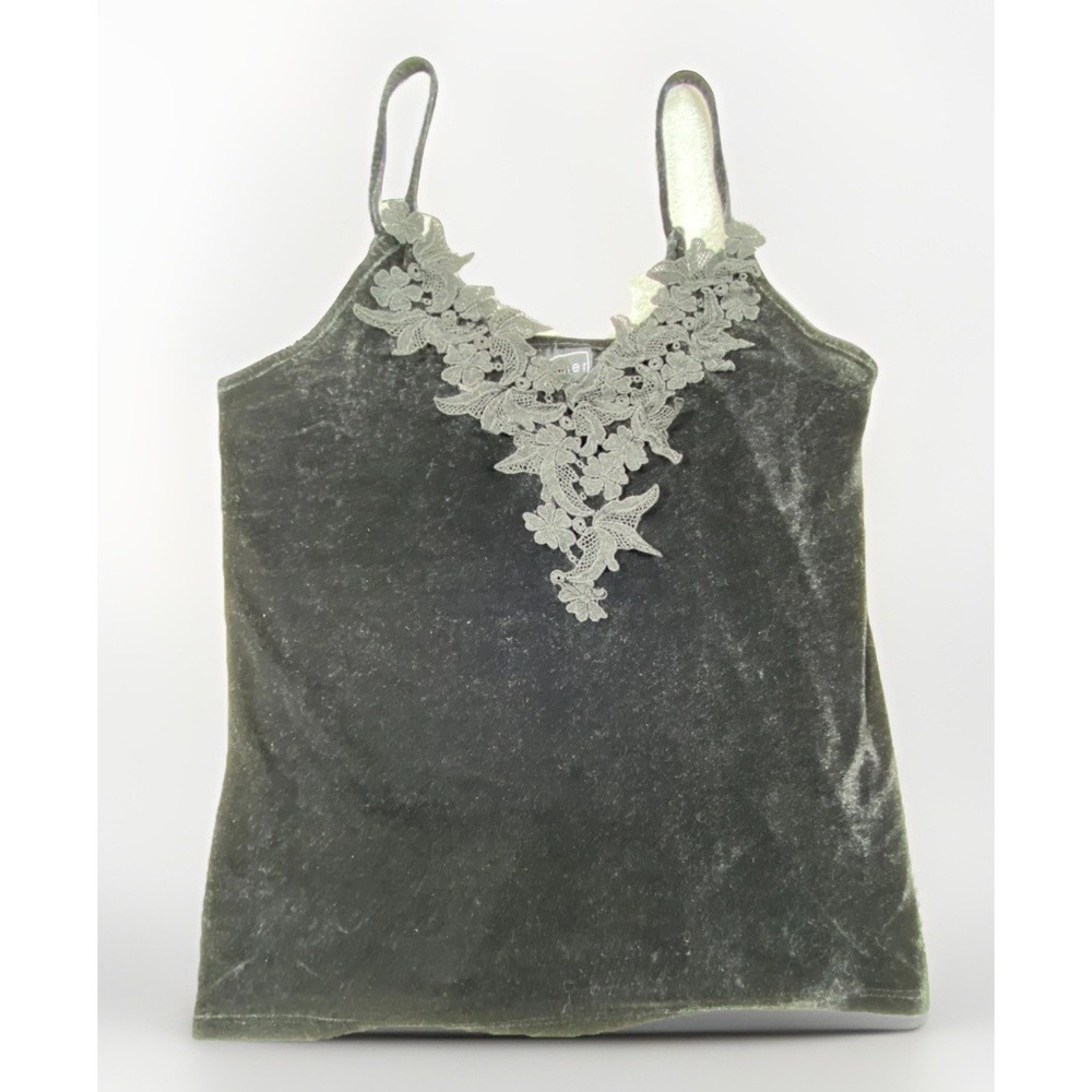 Polly Esther Cami Top Womens Large Black Velvet Floral Crochet V-Neck Sleeveless